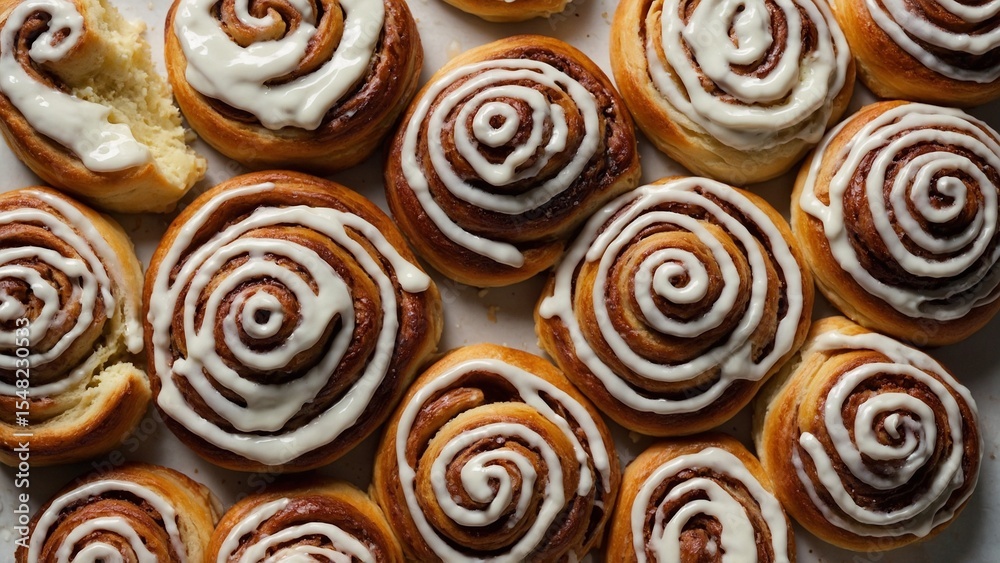 Fototapeta premium Overhead Shot of Assorted Cinnamon Rolls with Icing on Cream Background