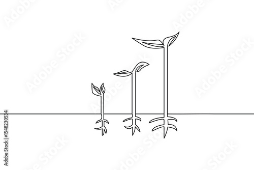 Continuous line illustration of growing seedlings representing growth and progression on a white background