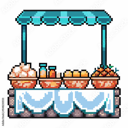 Pixel art outdoor food market stall with striped canopy, assorted jars, bowls of produce, fresh ingredients on stone stand