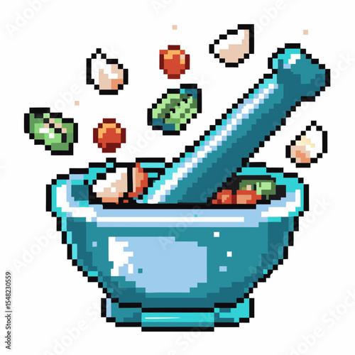 Pixel art mortar and pestle with vegetables, onions, garlic, and herbs retro cooking tool illustration, culinary preparation