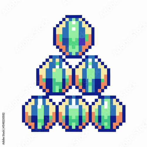Pixel art emerald gems pyramid retro digital stacked green crystals, gaming asset, treasure collection, shiny stones