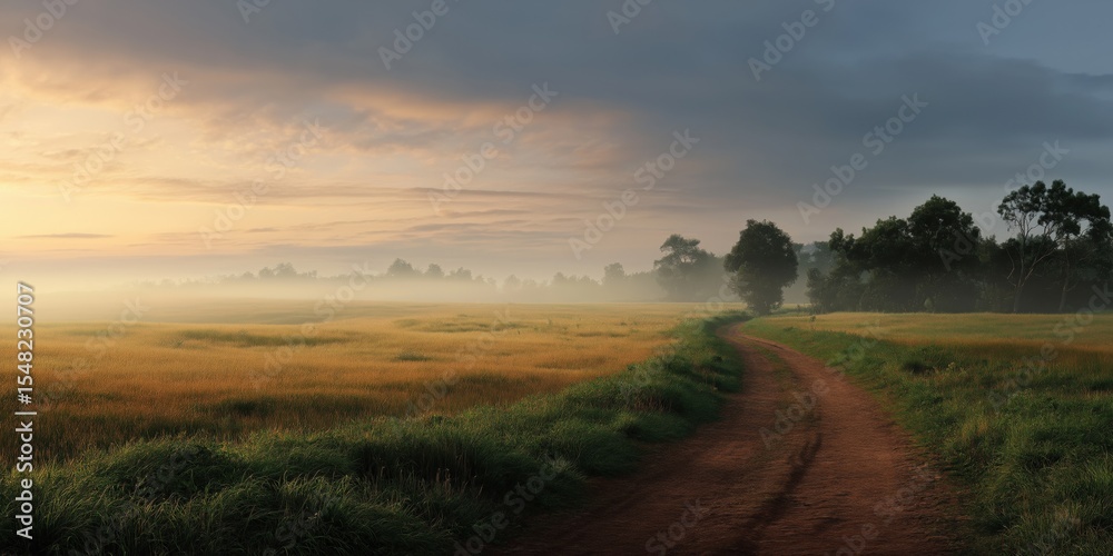 Fototapeta premium Serene sunrise over misty countryside path with lush fields and trees