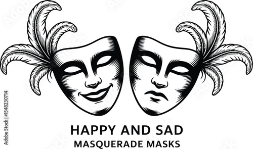 Two masquerade masks one smiling and one frowning with feathers in a decorative frame in black and white