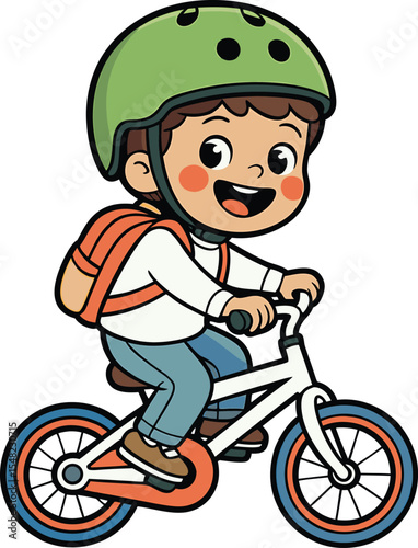 Happy little boy wearing a helmet and riding a bicycle with a backpack vector illustration
