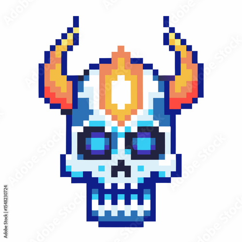 Pixel art skull with blue horns and glowing flame retro digital icon, fantasy undead monster face illustration