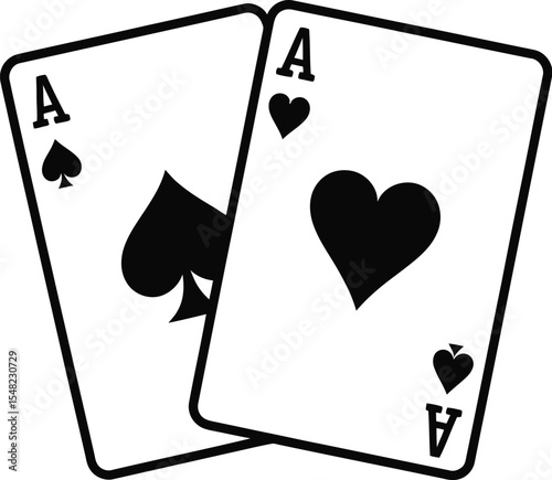 Two aces playing cards one of spades and one of hearts in black and white simple illustration style