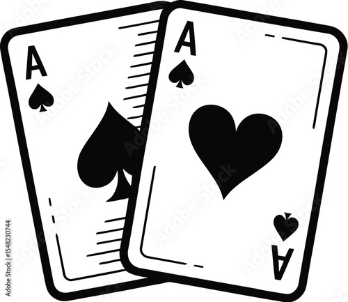 Two ace cards one of spades and one of hearts with black outlines on a white background illustration