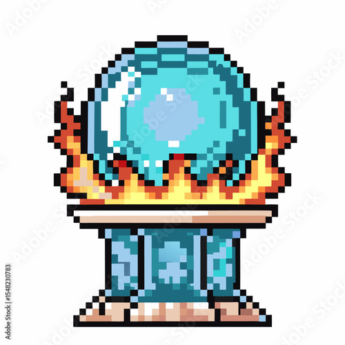 Pixel art magical blue crystal ball on pedestal with flames fantasy retro digital icon, enchanted orb, alchemy, magic energy