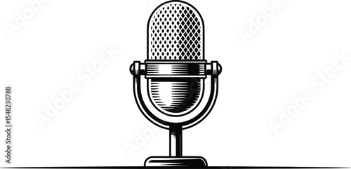 A black and white illustration of a vintage microphone on a white background with a horizontal line