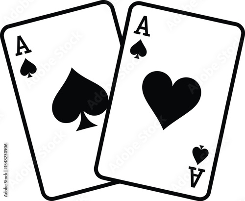 Two playing cards showing an ace of spades and an ace of hearts on a white background illustration