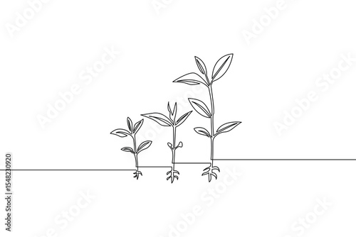 Continuous line drawing of plant growth stages illustrating development and concept of progress for environmental and sustainability context.