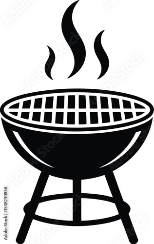 A black and white vector illustration of a charcoal grill with smoke rising from the cooking surface