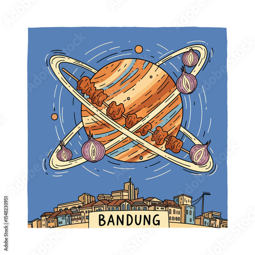 Artistic Illustration of a Planet with Satay Skewers and Onions Bandung City.