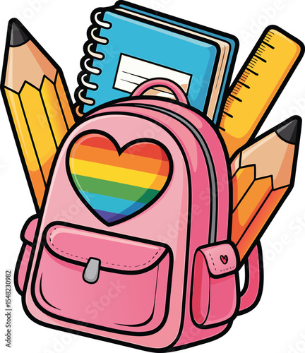 Pink backpack with rainbow heart symbol surrounded by school supplies illustration