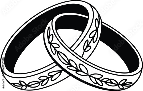 Two wedding rings intertwined with leaf pattern on a white background in a simple graphic style