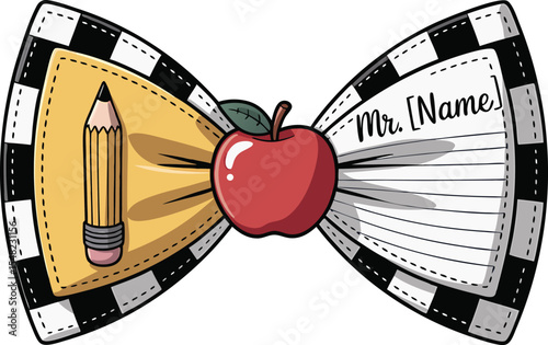 Teacher appreciation themed bow tie featuring apple pencil and customizable name design