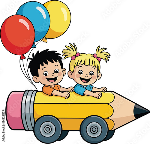 Two happy children riding a pencil car with colorful balloons for education and play