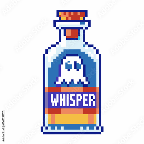 Pixel ghost potion bottle labeled whisper retro game icon, magic elixir, potion sprite, digital fantasy object, pixel art