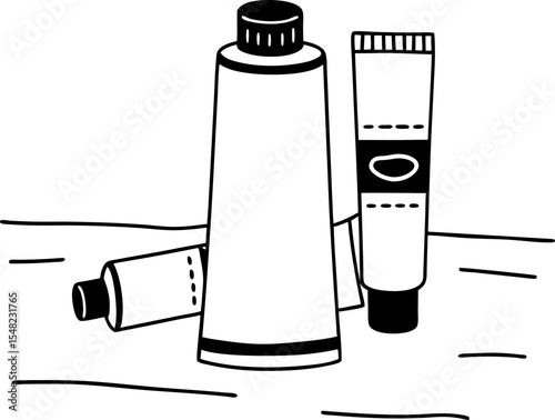 Cosmetic cream tubes on table minimalist black and white illustration of skincare packaging, beauty product, facial lotion containers