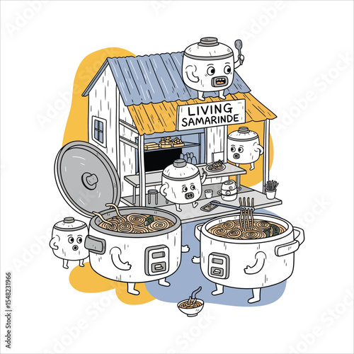 Whimsical Cartoon Rice Cooker Restaurant with Animated Characters and Noodles.