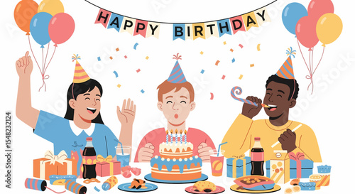Adobe illustrator artwork vector illustration: A lively friendship birthday celebration with young adults wearing party hats, one holding a cake with candles, amidst balloons, banners, and confetti