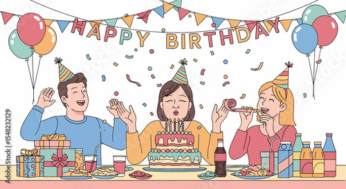 Adobe illustrator artwork vector illustration: A lively friendship birthday celebration with young adults wearing party hats, one holding a cake with candles, amidst balloons, banners, and confetti