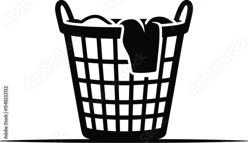 A black and white illustration of a laundry basket filled with clothes on a white background space view