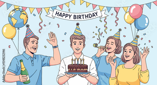Adobe illustrator artwork vector illustration: A lively friendship birthday celebration with young adults wearing party hats, one holding a cake with candles, amidst balloons, banners, and confetti