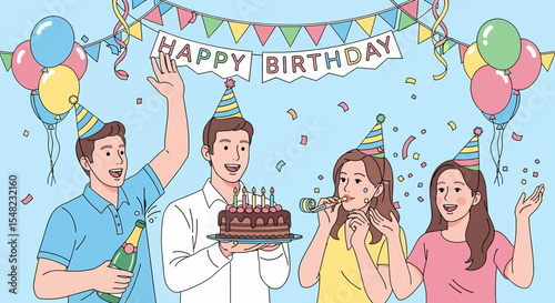Adobe illustrator artwork vector illustration: A lively friendship birthday celebration with young adults wearing party hats, one holding a cake with candles, amidst balloons, banners, and confetti