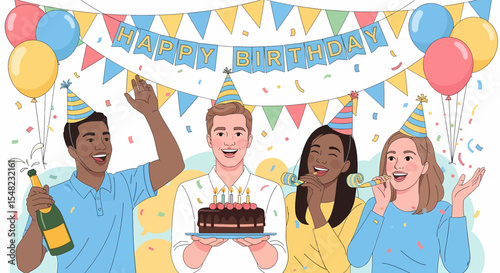 Adobe illustrator artwork vector illustration: A lively friendship birthday celebration with young adults wearing party hats, one holding a cake with candles, amidst balloons, banners, and confetti