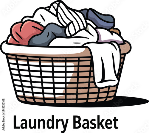An illustration of a woven laundry basket overflowing with colorful clothes against a white background