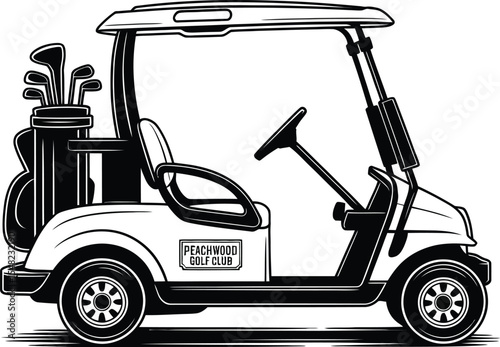 A black and white illustration of a golf cart with golf clubs at peachwood golf club design style