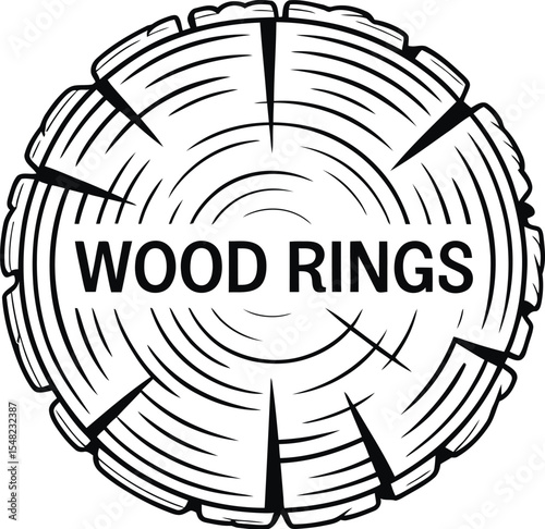 A black and white graphic of a cross section of a tree trunk with the words wood rings in the center