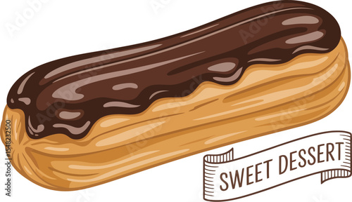 An illustration of a chocolate eclair with a sweet dessert banner on a light background art style