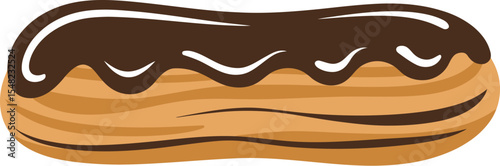 A cartoon illustration of an ?clair with chocolate frosting on a white background in a horizontal view