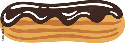 A cartoon eclair with chocolate frosting isolated on a white background in a simple illustration style