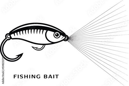 A simple black and white illustration of a fishing lure with hook and radiating lines on a gray background