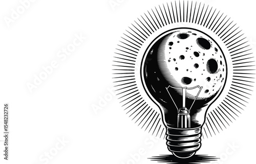 A lightbulb with a moon inside and radiating lines on a white background in black and white style