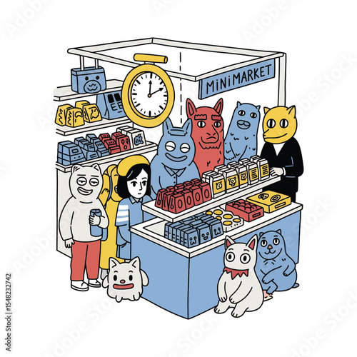 Cartoon Mini Market Scene with Anthropomorphic Animals and Human Characters.