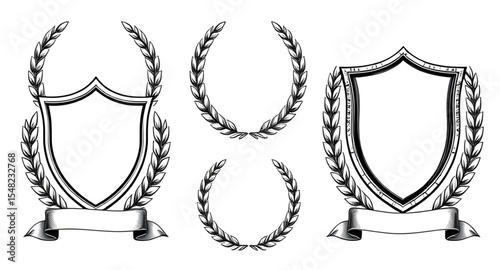 shield laurel award, champion crest illustration, premium security emblem, heraldic wreath badge, gold framed award, laurel ring shield, coat of arms wreath, royal herald icon, noble victory crest, el