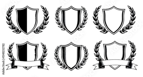 shield emblem wreath, laurel victory badge, noble crest vector, protection award symbol, heraldic laurel, premium golden shield, achievement emblem design, classic shield shape, victory ribbon wreath,