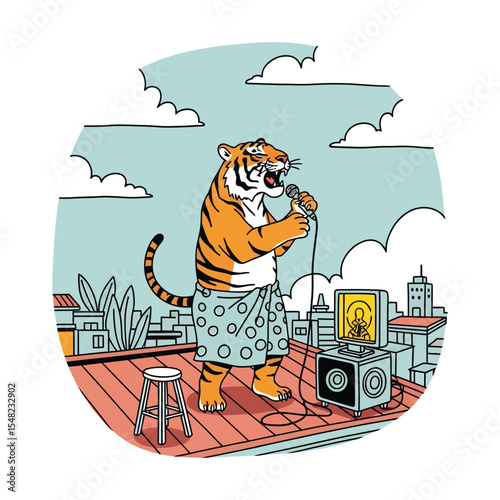 Tiger Singing Karaoke on a Rooftop Terrace.