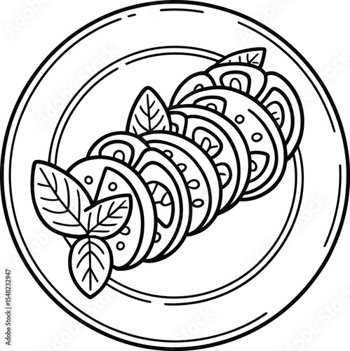 A drawn caprese salad with sliced tomatoes and basil leaves on a plate in black and white outline style