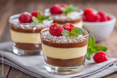 Dessert cups filled with creamy layers of custard and chocolate, topped with fresh raspberries and mint leaves, showcasing a delightful and tempting culinary creation photo
