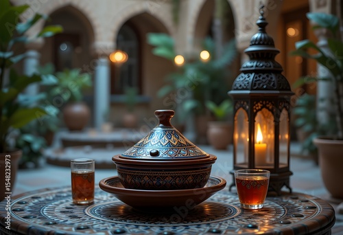 A Riad Courtyard Feast: An Authentic Moroccan Tagine Meal Bathed in Lantern Light.
