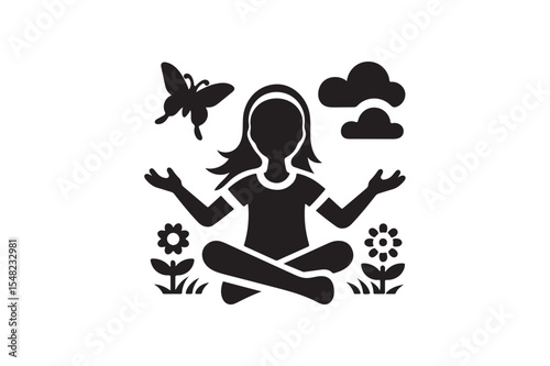 Girl sitting vector icon silhouette with a white background.