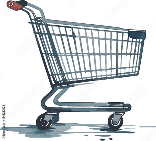 A watercolor style image of a shopping cart on a white background with a red handle and gray wheels