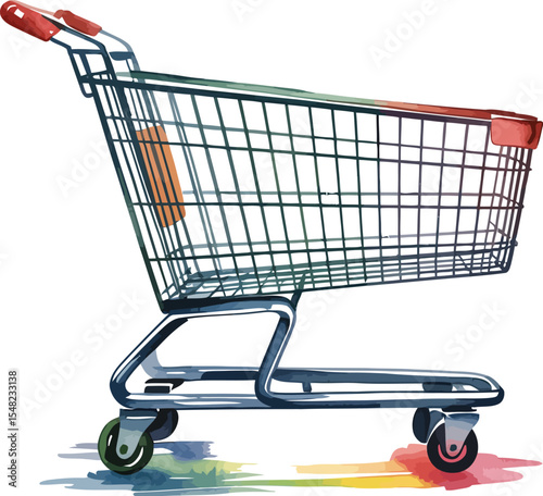 A shopping cart with a red handle and a metal basket on a white background with a colorful shadow effect