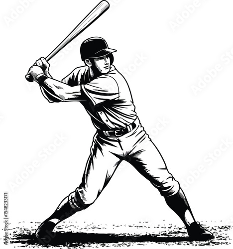 A black and white illustration of a baseball player holding a bat ready to swing on a white background