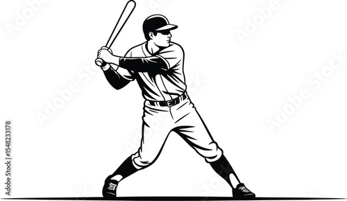 A black and white illustration of a baseball player swinging a bat in a batting stance position